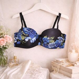 La Vie En Rose Blue Rose Floral Bra 36D Padded Lingerie